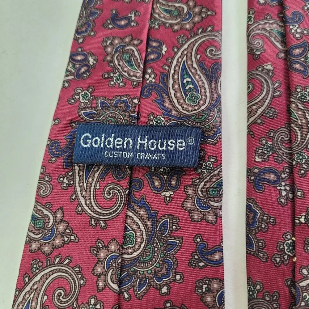 Golden House Custom Cravates Mens‎ Tie Silk Red Paisley Print Handmade